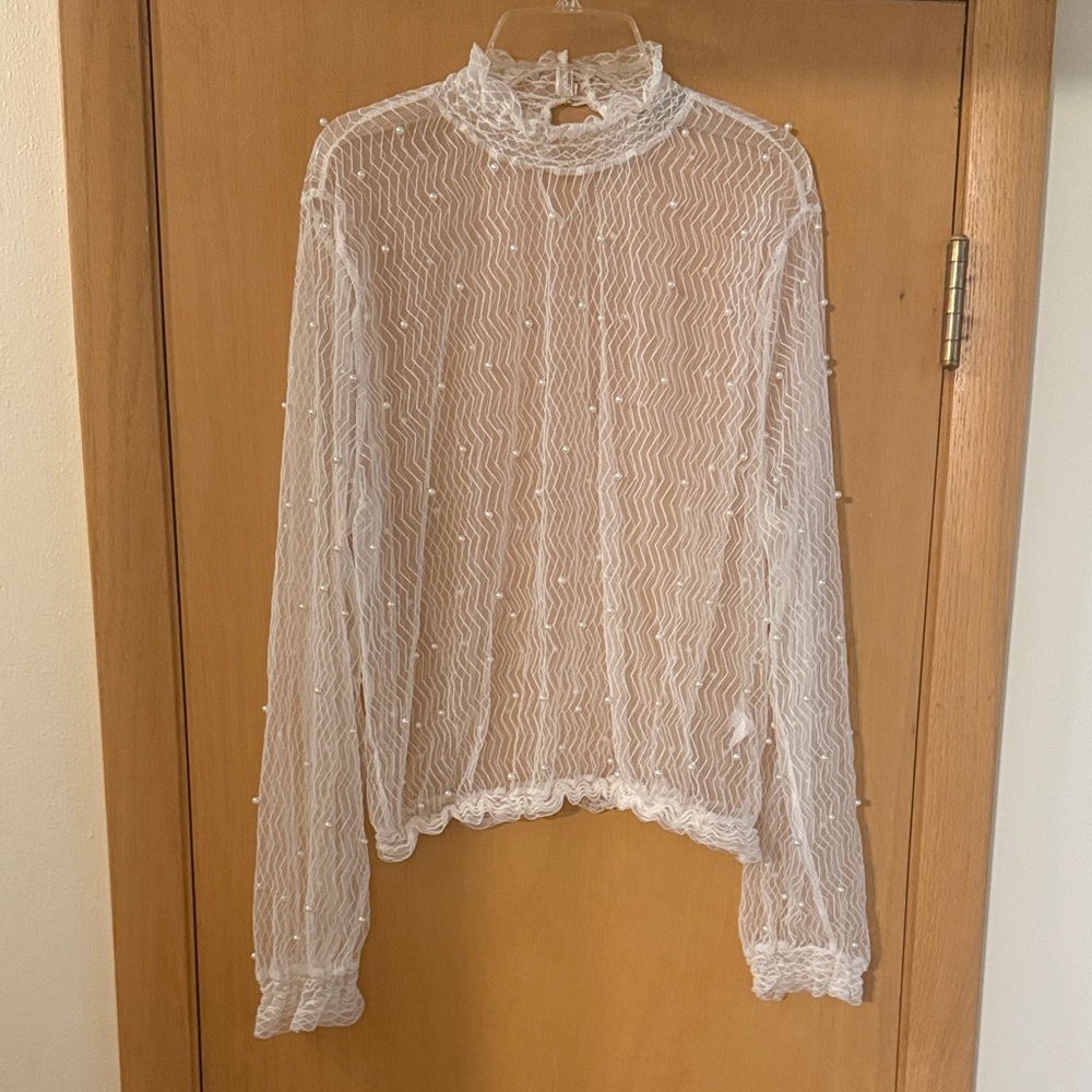 Ups & Downs Women’s Sheer Pearl Bauble High Neck Blouse Top Size XL